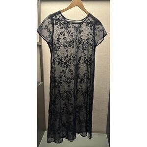 Vintage Dress Navy Black Shimmer floral Sheer Midi Size 14 1/2 Whimsy Fairy Goth